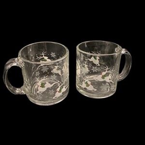 Libbey Leaping Set of Two Reindeer Snowflake Holly Christmas Mugs Made in USA